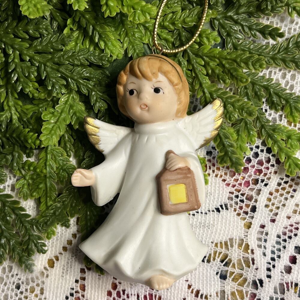 Vintage Homco Ceramic Christmas Angel Holding Lantern Ornament 3" Tall